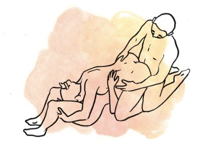 Having sex with one lady from behind, another lady is on her knees underneath,